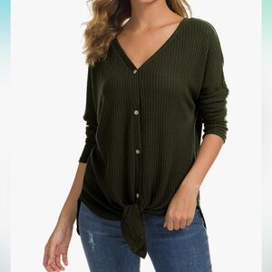 Women's Waffle Knit Tunic Blouse Tie Knot Henley